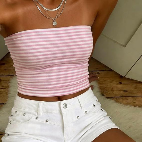 Striped Strapless Bandeau Crop Top